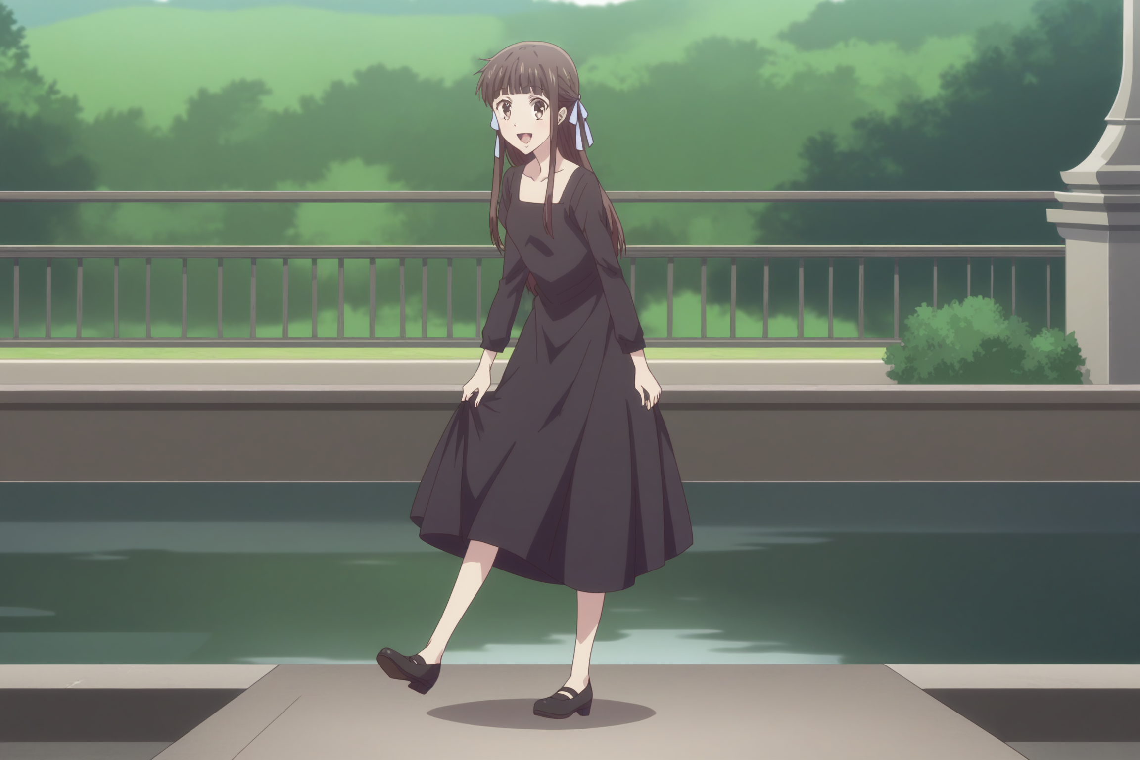 score_9, score_8_up, score_7_up, source_anime,anime screencap,anime coloring,
 <lora:Tohru_Honda:1>1girl, solo, brown hair, long hair, brown eyes, blunt bangs, Tohru black dress outfit, half updo, hair ribbon that is black
scenery, outdoors, rural environment,
full body shot, looking at the viewer, mouth open, big smile