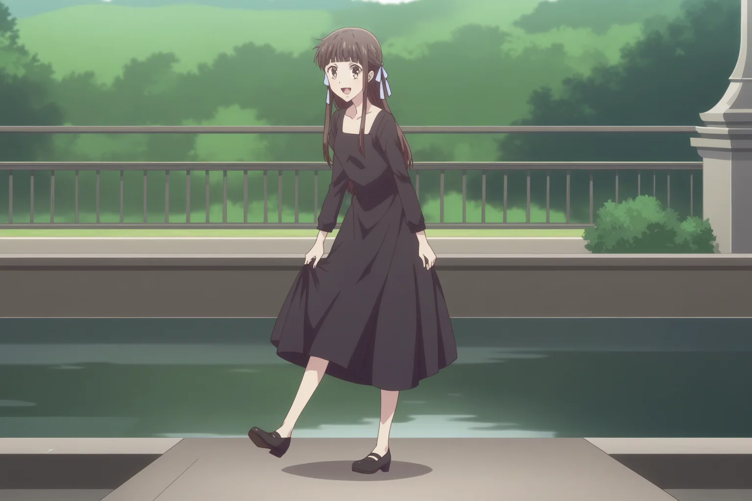 score_9, score_8_up, score_7_up, source_anime,anime screencap,anime coloring,
<lora:Tohru_Honda:1>1girl, solo, brown hair, long hair, brown eyes, blunt bangs, Tohru black dress outfit, half updo, hair ribbon that is black
scenery, outdoors, rural environment,
full body shot, looking at the viewer, mouth open, big smile