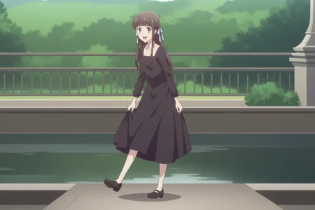 score_9, score_8_up, score_7_up, source_anime,anime screencap,anime coloring,
<lora:Tohru_Honda:1>1girl, solo, brown hair, long hair, brown eyes, blunt bangs, Tohru black dress outfit, half updo, hair ribbon that is black
scenery, outdoors, rural environment,
full body shot, looking at the viewer, mouth open, big smile