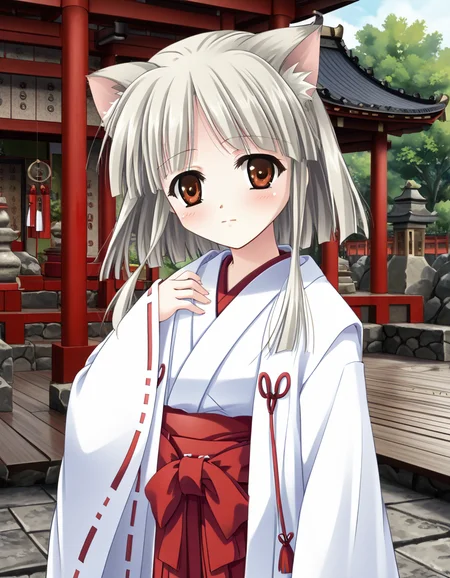 <lora:natsusamaXL_pony_3:0.7> score_9, masterpiece, best quality, 1girl, solo,
natsu-sama, japanese clothes, haori, red hakama,
looking at viewer, upper body, hand up, hand on chest, blush, shrine,