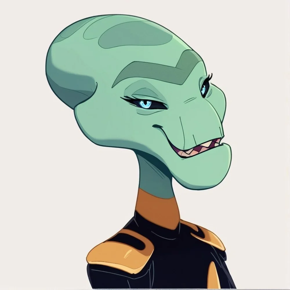 score_9, score_8_up, score_8,source_furry,
1girl,
solo,
furry female,
alien,
looking at viewer,
smile,
uniform,
black uniform,
gold trim,
green skin,
green body,
upper body,
open mouth,
bald,
standing,
teeth,
<blue eyes:1.5>,
<black sclera:1.5>,
<simple background:1.5>,
<white background:1.5>,
<lora:Grand_Councilwoman_Pony_SDXL:1> grand_councilwoman,
<lora:90s4n1m3XLP:1> 90s4n1m3, smug,
smugness,
half closed eyes,
closed mouth,
sarcastic,