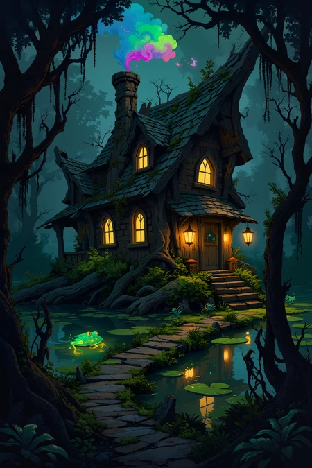 A witch's cottage sits in a misty swamp, its crooked chimney belching multicolored smoke. The house is built into the trunk of a gnarled tree, with windows glowing warmly. Frogs with glowing runes on their backs leap between lily pads. Floating lanterns guide visitors along a winding path through the murky water. Twisted vines and Spanish moss hang from overhanging branches. A cauldron bubbles on the porch, adding to the magical atmosphere. The image evokes a sense of whimsical, swampy enchantment.<lora:Anime v1.3:1.2>