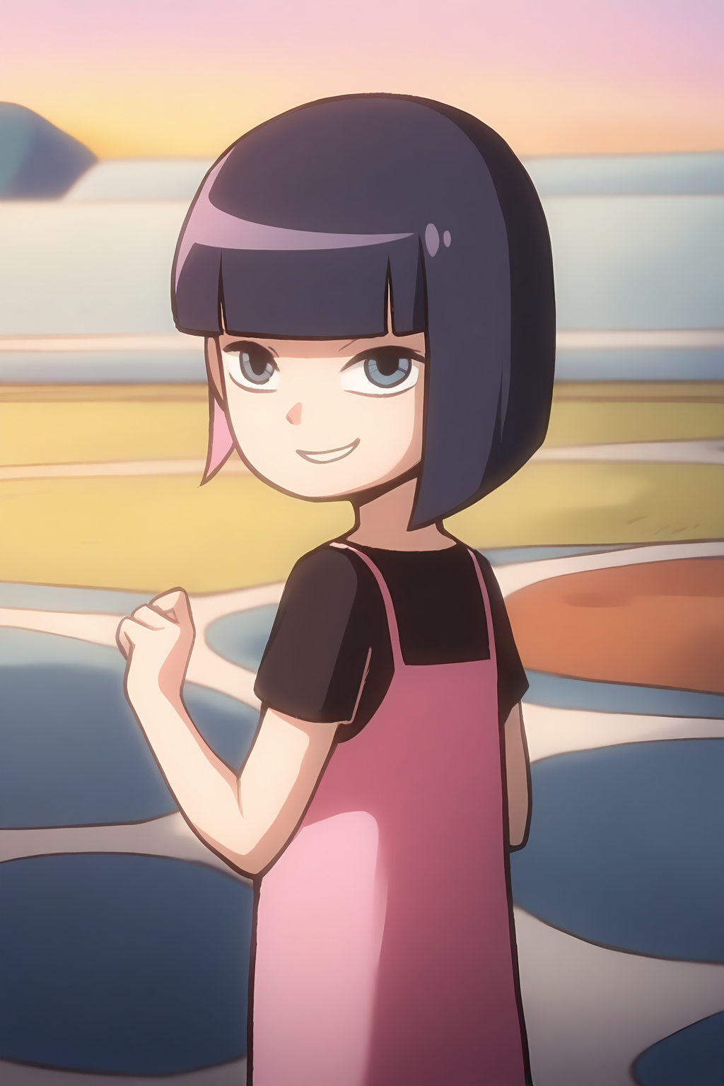 <lora:kele:1>,kele,1girl,solo,black eyes,blue eyes,short hair,two-tone hair,black hair,pink hair,colored inner hair,bob cut,blunt bangs,shirt,t-shirt,black shirt,pink shirt,short sleeves,smile,looking at viewer,, masterpiece,best quality,amazing quality,absurdres, anime screenshot, lazypos ,