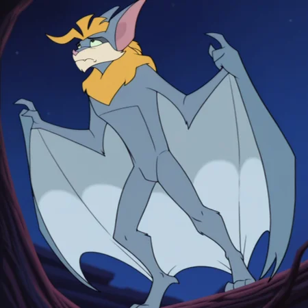 masterpiece, best quality, amazing quality, official artstyle, sh4desilv3r, male, furry male, semi-anthro, solo, bat, yellow hair, short hair, spiked hair, blue-grey fur, yellow fur, green sclera, black eyes, beige muzzle, pink nose, pointed ears, fangs, wings, standing, sad, solemn expression, looking up, closed mouth, from below, low angle, dynamic, outdoors, night