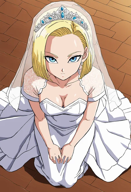 sysdeep_android18, 1girl, solo, breasts, looking_at_viewer, short_hair, blue_eyes, blonde_hair, cleavage, jewelry, medium_breasts, bride, veil, closed_mouth, long_dress, kneeling, from_above, wedding_dress, parody, anime_coloring, <lora:Android 18 - [Dragonball] - SDXL Version 2:1>