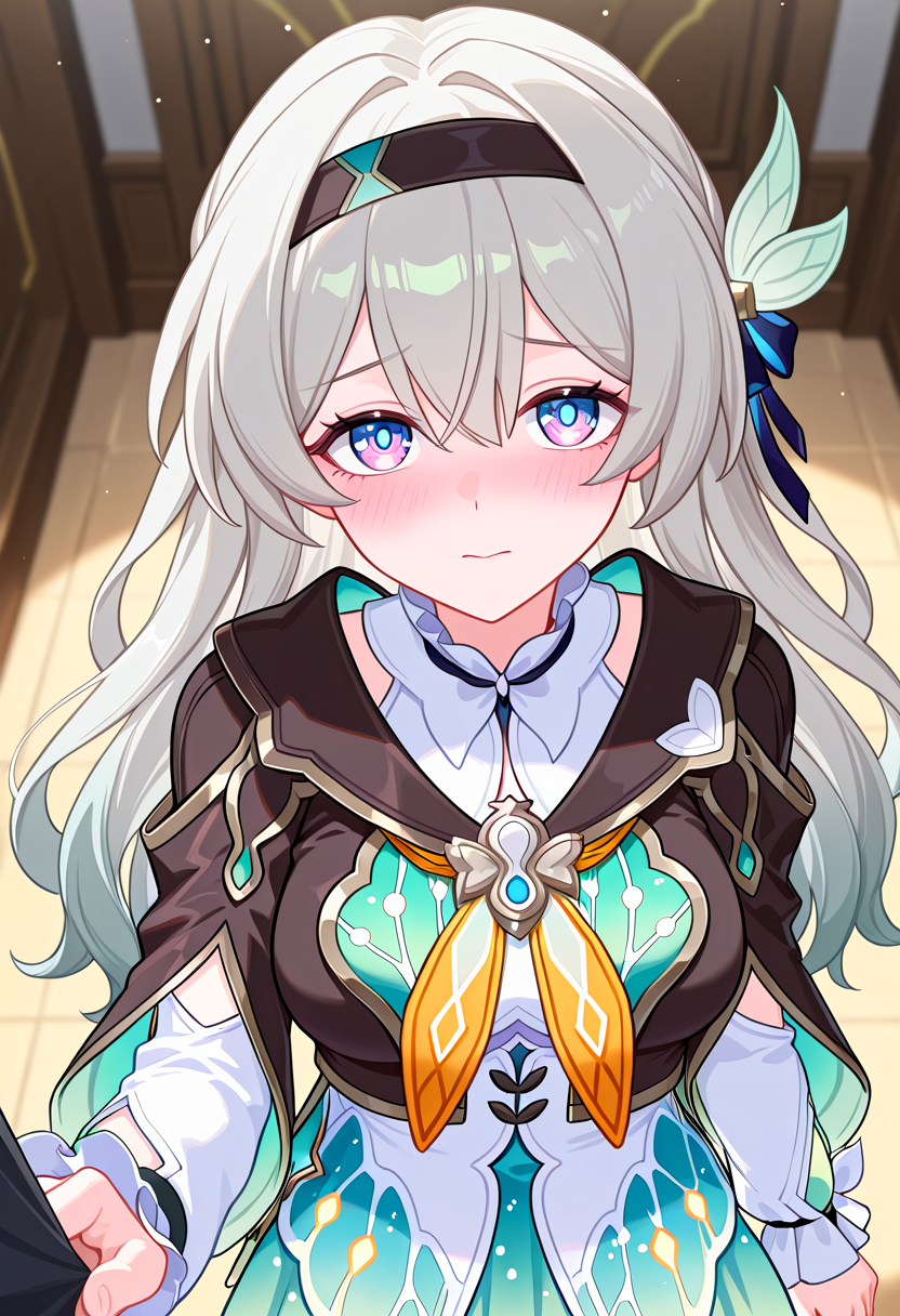 masterpiece, high quality, absurdres, 1girl, firefly \(honkai: star rail\), sleeve grab, grabbing another's sleeve, blush, looking at viewer,  <lora:sleeve_grabbing:1>