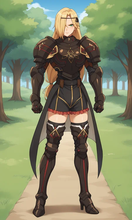 score_9, score_8_up, score_7_up, score_6_up, score_5_up, score_4_up, brown_armored_dress, Leinas_Rockbruise, looking_at_viewer, solo, large_breasts, closed_mouth, mole_under_mouth, expressionless, one_eye_covered, knight, circlet, shoulder_armor, breastplate, gauntlets, black_skirt, frilled_skirt, miniskirt, groin, black_thighhighs, zettai_ryouiki, armored_boots, thigh_boots, high_heels, clenched_hand, standing, full_body, outdoors, <lora:Leinas_Rockbruise_V1_2:0.8>