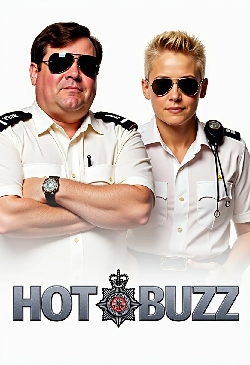 A film poster featuring two British police officers, both are wearing aviator sunglasses and short-sleeved shirts. One police officer is chubby and has short dark brown hair, the other one is of normal build and has very short blond hair. The title of the film is "HOT BUZZ", which is written in a silvery font and in all caps, between the two words there is the logo of British police.