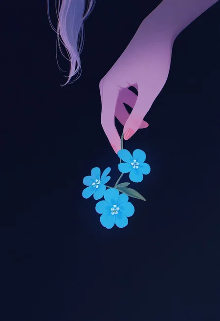 [solo, giving], forget-me-not_(flower),
(ushizaki_urumi:0.7), split-color hair, [out of frame],
(tabisumika:1.3), ushiyama_ame, (dark, realistic),
masterpiece, absurdres, newest, [dynamic pose]
