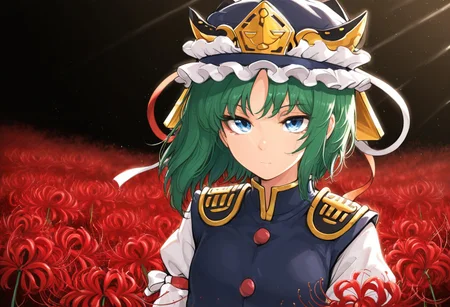 best quality, masterpiece,
1girl, solo, shiki eiki,
closed mouth,
spider lily, flowerfield,
light particles, wind,
