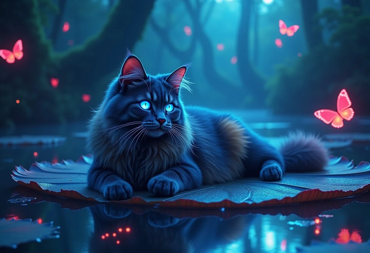 Masterpiece, 4k, 8k, high quality, highly detailed, A MaineCoon cat with glowing blue eyes, long fluffy ears, detailed colorful fur, neon glowing whiskers, laying on a big lillypad in the middle of an enchanted lake, ((enchanted forest setting)), ((magical blue lights)), glowing red butterflies in background, amazing dark skyline, night time, digital concept art, glowing crystal in lake,