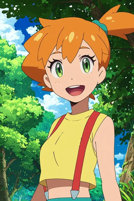 score_9, score_8_up, score_8, medium breasts, (curvy), cute, eyelashes, BREAK, 1girl, solo, short hair, open mouth, yellow crop top, green eyes, outdoors, sky, sleeveless, day, cloud, orange hair, side ponytail, tree, blue sky, eyelashes, sleeveless shirt, suspenders, yellow shirt, mountain, hair tie, BREAK, cowboy shot, smile, looking at viewer, Expressiveh, <lora:Alola_Style_PDXL:1.0>, <lora:Expressive_H-000001:0.4>,