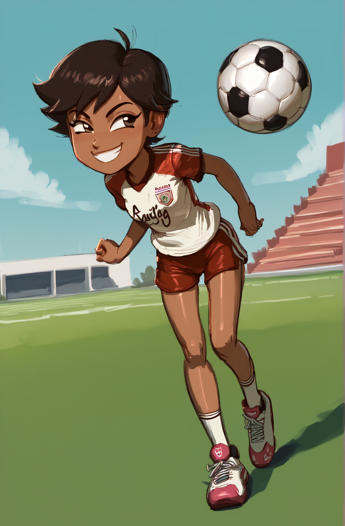 masterpiece, high quality, score_9, score_8_up, 1girl, smiling, full body, playing soccer, soccer jersey, soccer field, shorts tomboy, pears style, brown skin, cute, petite, (short) ,,      <lora:HandFixer_pdxl_Incrs_v1:0.5>,<lora:ALTXL_pony_0061_8:1>,<lora:Pears_style:0.88>,<lora:Pony_QualityV4.0:1>,<lora:absurdres_quality:1>,<lora:pony_masterpiece_best_quality:1>