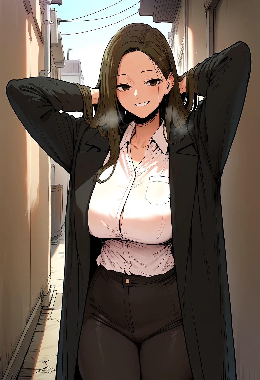 score_9, score_8_up, score_7_up, score_6_up, source_anime, rating_explicit, <lora:neg4all_bdsqlsz_V3.5:2.0>1girl, solo, huge breasts, <lora:La Sihyeonponyxl:1> brown hair, long hair, brown eyes, black coat, coat on shoulders, collared shirt, white shirt, long sleeves, black pants, smile, Narrow shoulders, heavy breathing, steaming body, alley, outdoors, looking at viewer, standing, arms behind head, close-up