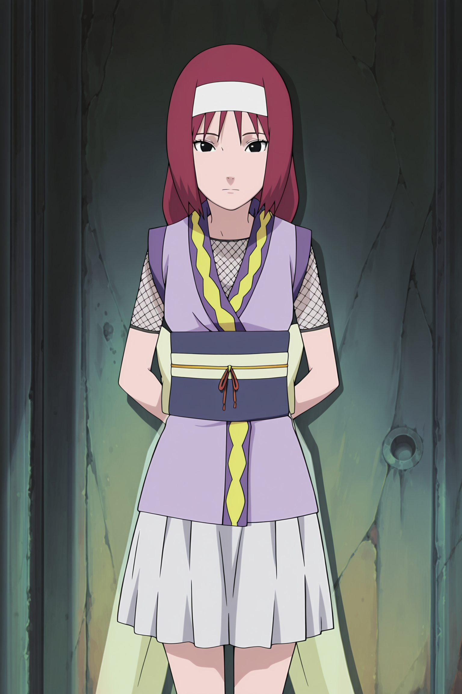 anime screencap, anime coloring, detailed face, masterpiece, best quality, very aesthetic, absurdres, volumetric lighting, official style, amazing quality, ultra detailed,  highres, amazing quality, scenery, beautiful detailed hair, beautiful detailed eyes, 
<lora:StS-Illustrious-Detail-Slider-v1.0:4>
 <lora:Honoka_Naruto_Shippuden:1>,
Honoka (Naruto character), 1girl, solo, red hair, hairband, fishnets, arms behind back, japanese clothes, skirt, sash, black eyes, looking at viewer, ninja, obi, legs