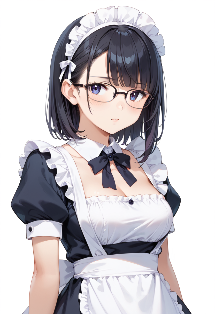 score_9, score_8_up, score_7_up, rating_safe, masterpiece, best quality, absurdres, unity 8k wallpaper, official art, official style, source_anime, uncensored, game cg, megami magazine,
1girl, solo, black hair, medium hair, upper body, covered eyes,maid, maid headdress, black dress, maid apron, face focus, 
halfrim15S, still life, white background, simple background, black-framed eyewear,
 <lora:glasses_halfrim15s_PONY_V1:1>