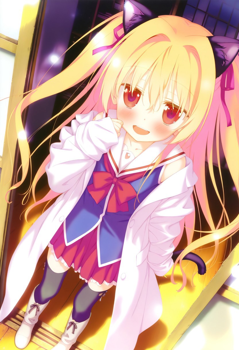 masterpiece,best quality,amazing quality,very aesthetic,absurdres,newest,dynamic_angle,shida kazuhiro,
<lora:Nikaidou Shinku v3-XL:1>,nikaidou shinku,1girl,solo,blonde hair,red eyes,long hair,hair intakes,full body,cloth boots,black thighhighs,off shoulder,serafuku,blue school uniform,two side up,red skirt,hair ribbon,lab coat,blush,smile,cat ears,animal ears, cat tail,animal tail,open mouth,