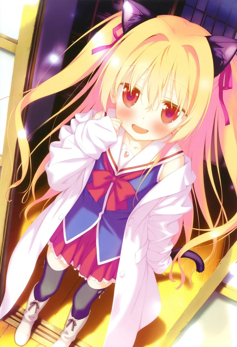 masterpiece,best quality,amazing quality,very aesthetic,absurdres,newest,dynamic_angle,shida kazuhiro,
<lora:Nikaidou Shinku v3-XL:1>,nikaidou shinku,1girl,solo,blonde hair,red eyes,long hair,hair intakes,full body,cloth boots,black thighhighs,off shoulder,serafuku,blue school uniform,two side up,red skirt,hair ribbon,lab coat,blush,smile,cat ears,animal ears, cat tail,animal tail,open mouth,