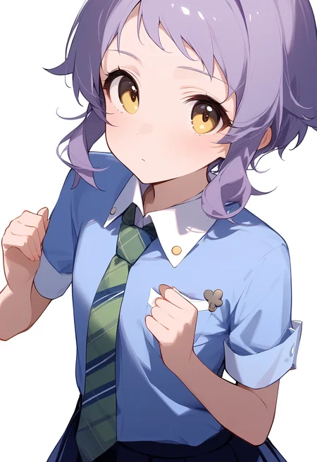 1girl,checkered necktie,makabe mizuki,solo,blue shirt,short sleeves,wing collar,looking at viewer,green necktie,white background,dot nose,light blush,blue skirt,breast pocket,closed mouth,pleated skirt,expressionless,simple background,flat chest,hands up,upper body,<lora:a31_char_new_makabe_mizuki-000014:1>masterpiece, best quality, absurdres<lora:a31_style_koni-000010:0.8>