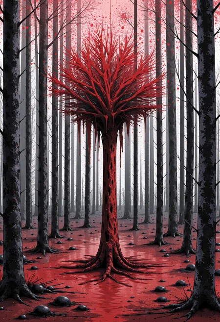 inred_style painting of an odd creepy crimson tree noticeably sticking out between the other trees of the forest. <lora:flux\flux-Sch-SingleBlocks-F32.sft> <lora:flux\flux_inred_style_v1>
