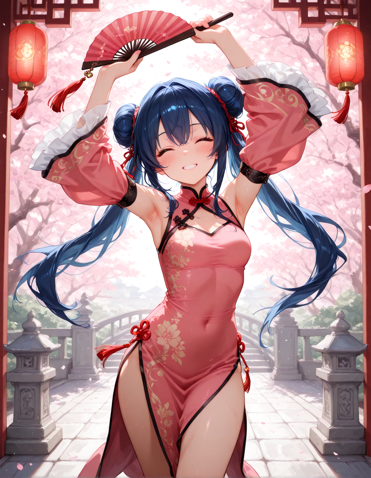 1girl, twin tails, blue hair, yellow eyes, chinese dress, qipao, holding a fan, fan dancing, dynamic pose, flowing sleeves, bare shoulders, blush, smiling, closed eyes, joyful BREAK traditional chinese garden, cherry blossoms, soft pink lighting, warm colors, paper lanterns, intricate stone carvings, serene atmosphere, masterpiece, best quality, absurdres