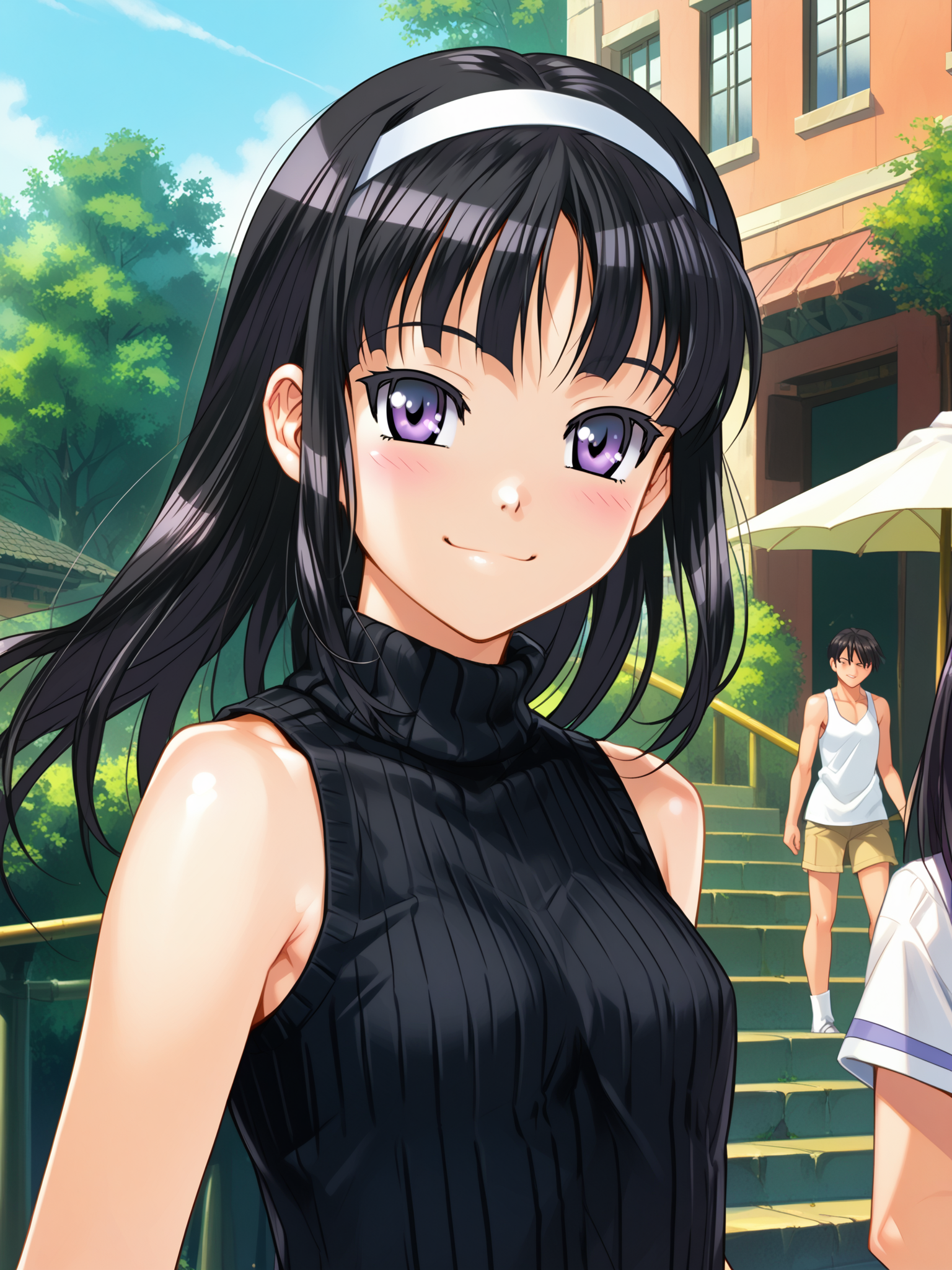 (upper body, solo focus:1.2) <lora:happy_tentacle-midori-v0.1-000040:0.9>, ht_midori, black hair (petite:1.2), <lora:Shed_The_Skin's StS_age_slider_v1_initial_release:-1.25> ( (sleeveless :1.1) :1.1) (perky breasts:1.2) ( , , ( :1.2) , smile , :1.1) , outdoors, vegetation, ( :1.1), , (day :0.6), , (:0.5), people , (european architecture :0.9), sleeveless shirt, (turtleneck sweater:1.2) ( :0.8) score_9, score_8_up, score_7_up, score_6_up, score_5_up, score_4_up, ( [(realistic, photorealistic:1.3):(realistic:1.2):16] [(3d:1.2)::14] :1) <lora:LUUNA's Lunas-NijiJourney-SDXL-B2:0.35>, nijijourney <lora:prgfrg23's Counterfeit-V3.0 Style SDXL_LoRA_Pony Diffusion V6 XL:0.5> <lora:mfcg's mfcgXL:0.12> <lora:reweik's gyokai(himehajime)_PonyXL_style_v01:0.14>