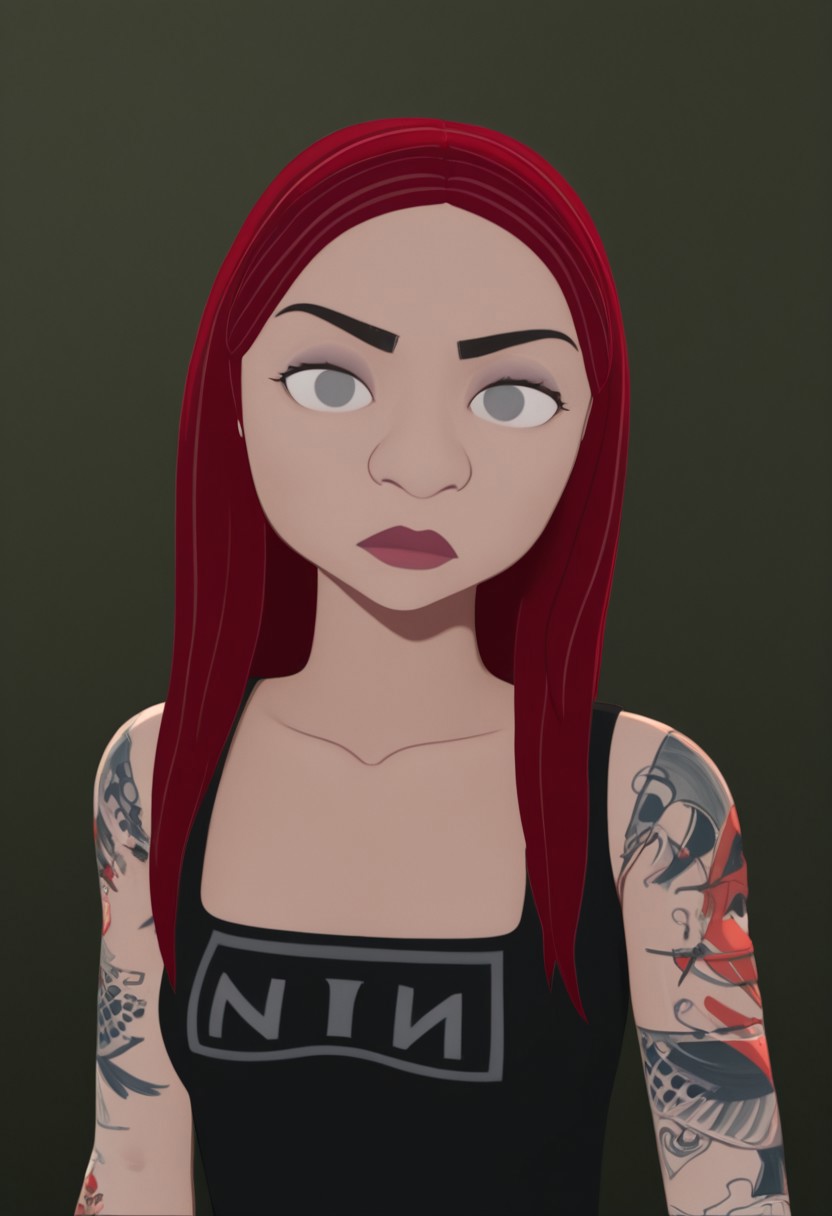 Gretchenw,1girl, red hair, grey eyes, long hair, tank top, arm tattoo,looking at viewer, upper body, portrait, print shirt ,