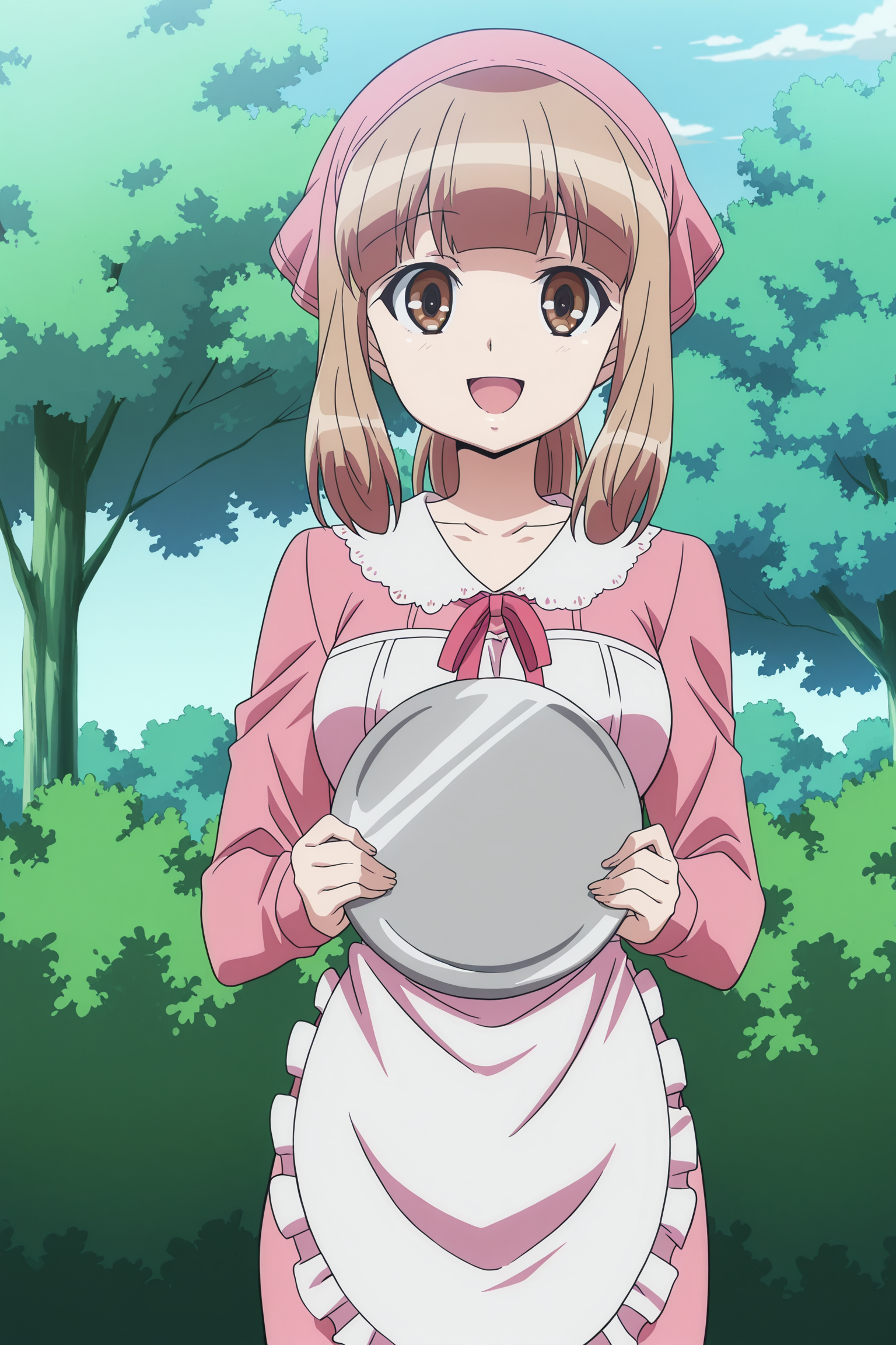anime coloring, anime screencap, masterpiece, best quality, amazing quality,
outside, trees, bush, blue sky,
 <lora:YÅ«_Naruse_WataMote_No_Matter_How_I_Look_At_It_Its_You_Guys_Fault_Im_Not_Popular:.9>
Yu cake shop outfit, Yu Naruse, 1girl, solo, brown eyes, tray, brown hair, apron, smile, open mouth, tree, :D looking at the viewer