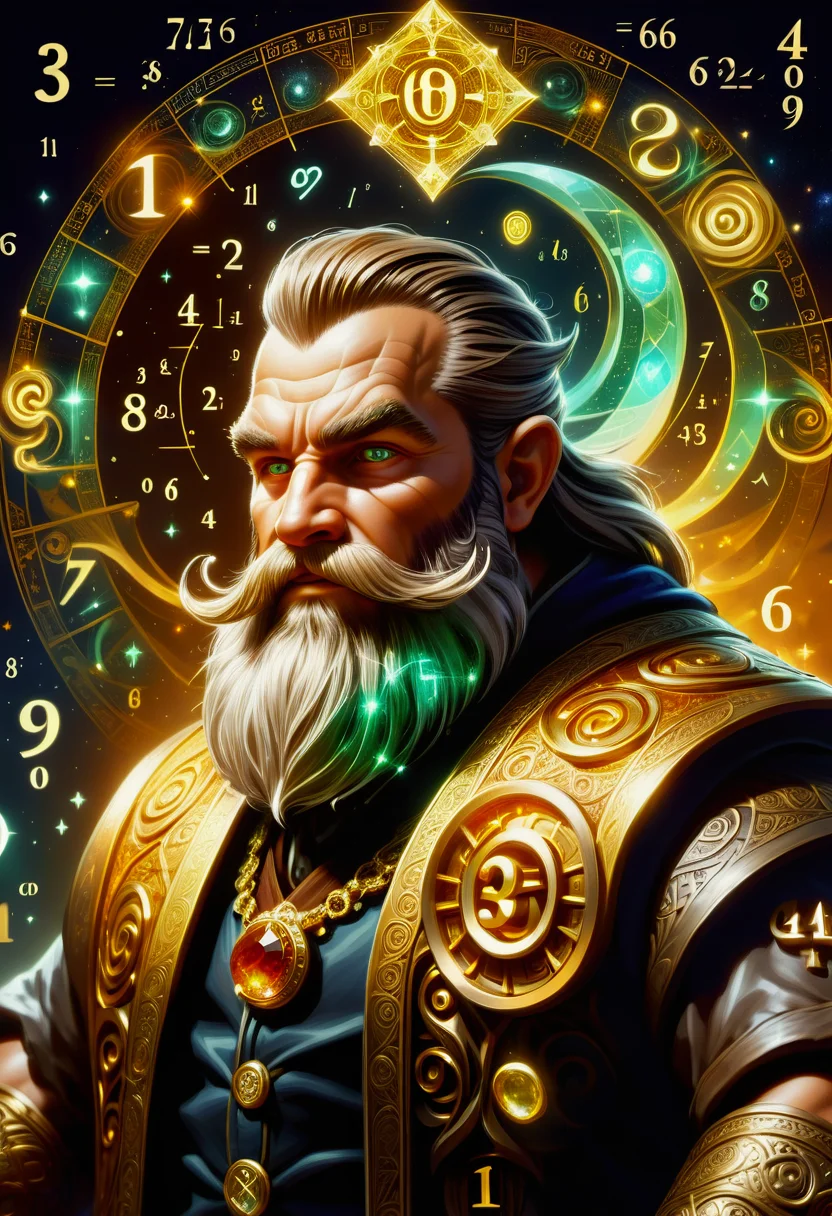 hyper detailed masterpiece, dynamic, awesome quality,swirling DonMM4hM4g1cXL math magic,numbers, symbols,male dwarf, small short fictional humanoid creature, stout, muscular, skilled, hardy, male, prominent facial hair, beard, resilience, craftsmanship,gold, gems, <lora:DonMM4hM4g1cXL-000008:0.8>