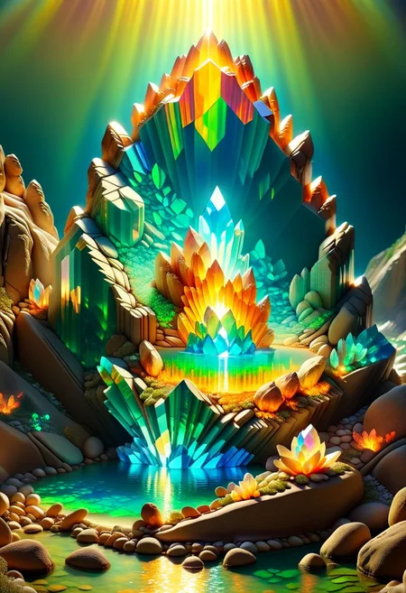 ispzxll, diorama, isometric, miniature, volumetric lighting style, intricate details, massive clear ral-opal crystal formation, sunlight shining through rocks, natural volcanic lake setting, crowds of people gathered, tourists, flash photography