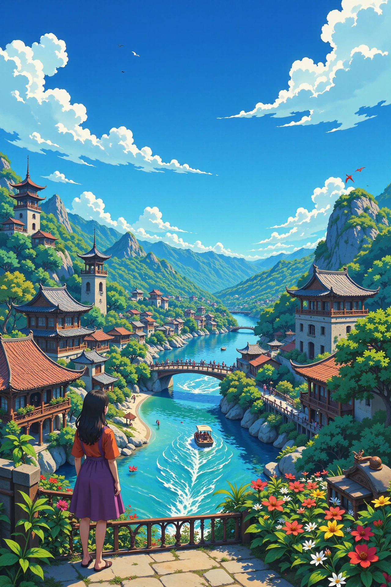 An oriental fantasy city beautiful  anime landscape, bright sunny sky, woman, very intricate, very detailed, sharp, bright, colorful, <lora:Hand v2:0.5> <lora:Anti-Blur:1><lora:Insane Detail Slider:0.25>  <lora:flux.1_lora_flyway_Epic-detail_v2:0.3> <lora:fluxenhancer:0.25> <lora:ROWER:0.8>  <lora:Ghibli:0.6> Ghibli style