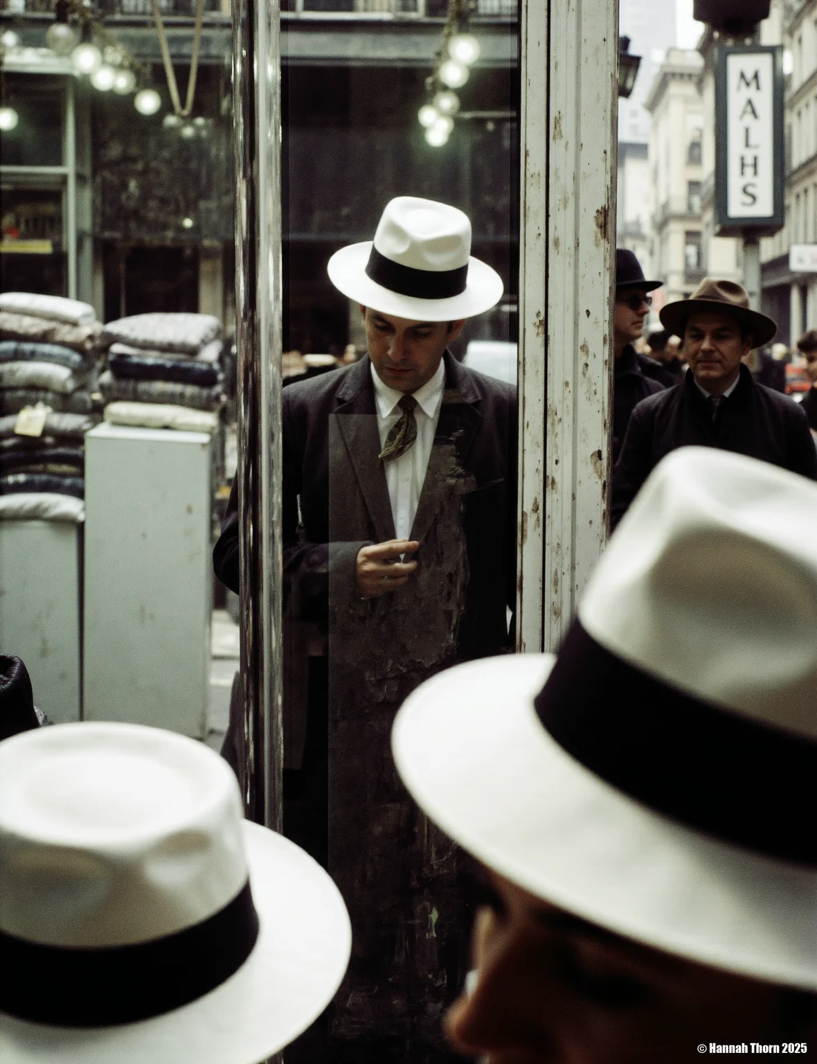 The picture is a black and white photograph depicting a reflection in a shop window. **Description:** The main focus is a blurred reflection of a man wearing a fedora hat, standing somewhat obliquely to the viewer. His features are indistinct due to the reflection and blurring. Behind him, the reflection shows a city street scene. We see parts of buildings, one prominently featuring a sign, partially legible, and suggesting a commercial building. Stacks of what looks like folded clothing or textiles are visible in the shop window itself. Lightbulbs hang from the ceiling inside the shop. There are figures of people partially visible in the background street scene, also blurred. In the foreground, in sharp focus is another fedora hat, seemingly belonging to the person taking or viewing the photograph, which itself is part of the composition. The reflection is slightly distorted, creating an intriguing interplay between the foreground and background. **Style:** The photograph's style is characteristic of street photography with a focus on a reflective element. It exhibits a strong sense of photojournalism, showing a slice of everyday life. The blur and distortion add an element of surrealism and mystery, drawing attention to the play between reality and reflection. The monochromatic palette and the contrast between the sharp foreground hat and the blurred reflection enhance the mood of the image. The subject's anonymity and the indistinct background maintain the photograph's mysterious and contemplative quality. The compositional elements are somewhat informal, reflecting a candid, observational approach to capturing the scene. The overall tone is melancholic and somewhat atmospheric. <lora:_Flux\Saul_Leiter_Streetphotography.safetensors:1.0:1.0>