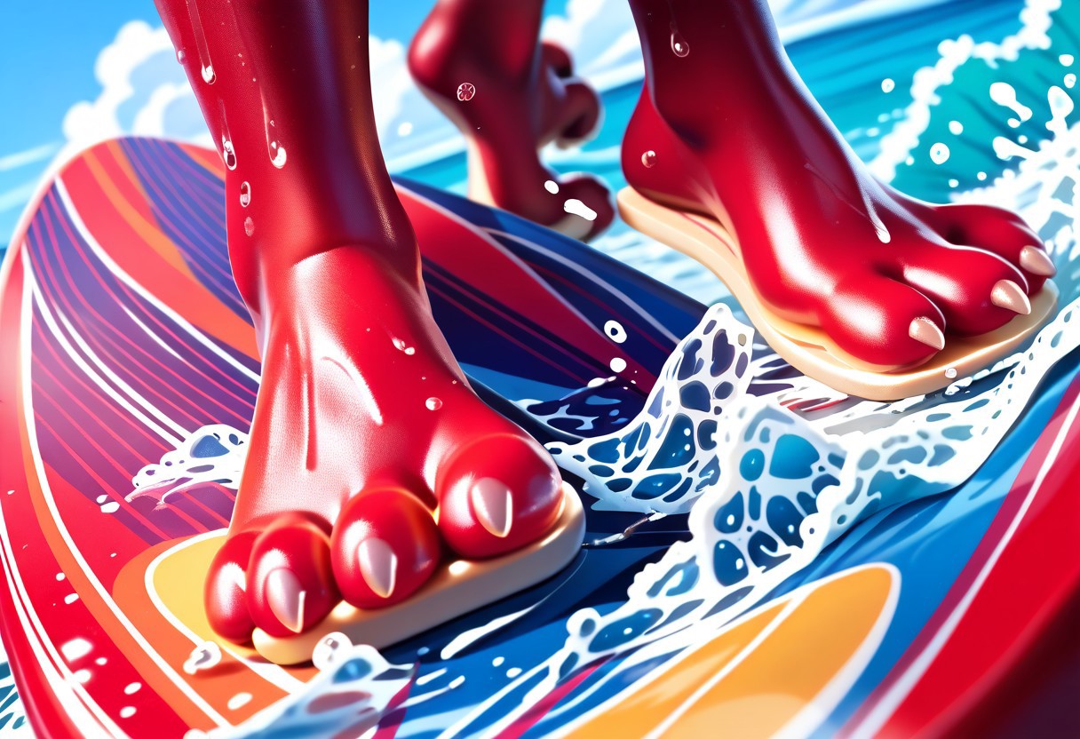 score_9, score_8_up, score_7_up, score_6_up, score_5_up, score_4_up, 1girl, furry female, alice, red squirrel, barefoot, red feet, 3 toes, foot focus, water, surfing, feet on surfboard, wet on feet, close-up
