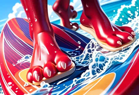score_9, score_8_up, score_7_up, score_6_up, score_5_up, score_4_up, 1girl, furry female, alice, red squirrel, barefoot, red feet, 3 toes, foot focus, water, surfing, feet on surfboard, wet on feet, close-up