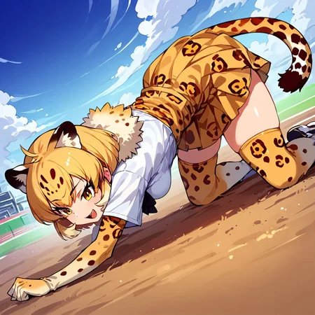 1girl, ((solo)) best quality, ultra-detailed, extremely detailed, perfect anatomy, masterpiece, score_9, score_8_up, score_7_up, jaguar (kemono friends), animal ears, jaguar ears, blonde hair, short hair, bangs, jaguar print, multicolored hair, tail, jaguar tail, white shirt, frills, skirt, high-waist skirt, print skirt, fur collar, center frills, gloves, elbow gloves, print gloves, short sleeves, black bowtie, thighhighs, animal print, print legwear, shoes, confident smile, confident look, eager, excited, looking away from camera, preparing to race, outdoors, track and field background, on a track and field course, dutch angle, leaning forward, crouched forward, on all fours, racing ready position, full-portrait shot,