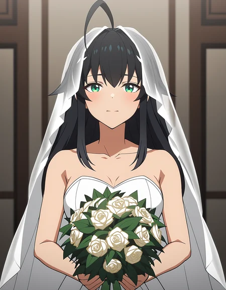 score_9,score_8_up,score_7_up,looking at viewer,wedding_dress,bridal_veil,
<lora:faniya_pony:0.4>,faniya,1girl,solo,2dfaniya,green eyes,black hair,bangs,antenna hair,ahoge,long hair,(straight_hair:1.2),<lora:Anime_Screencap:1>,anime screencap,cowboy_shot,holding_bouquet,bishoujo,