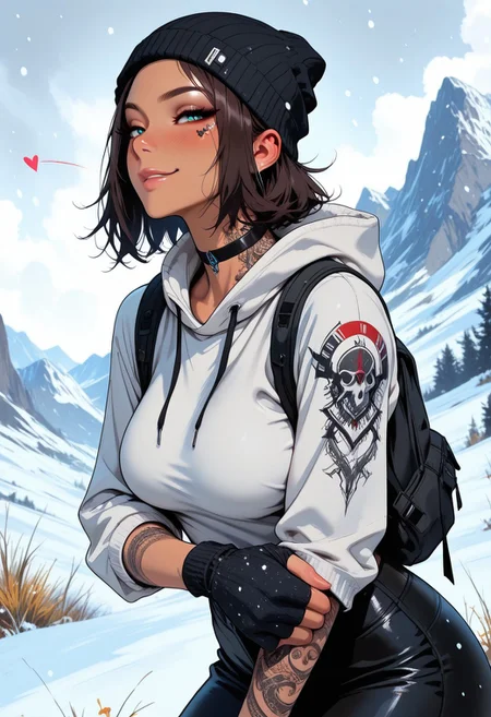 highres, very detailed, amazing quality, masterpiece,
very aesthetic,
glitter, particle effect,
1girl, solo, tan skin, toned arms, Covered in Tattoos, tattoo, arm tattoos, neck tattoos, chest tattoos, hoodie, beanie, large breasts, choker, knit gloves, visible shoulders, sleeves rolled up, forearms visible,
seducing, seductive, flirty, tender, loving, playful, looking at viewer, smirk,
Hiking on a mountain, snowing, Cloudy Sky,