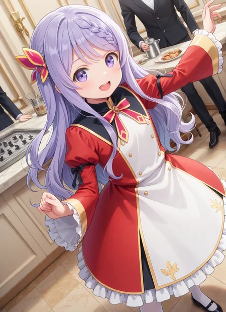 source_anime BREAK prefect lighting,very aesthetic,prefect hands,best quality,
intricate details,highly detailed background,(masterpiece:0.9),high quality,lustrous_skin,skindentation,(zPDXL3),
ultra delicate hair,
face_detail,
skin_detail,<lora:cfg_scale_boost>,
lustrous_skin,skindentation,
shiny skin,
<lora:seirei_gensouki_-_flora_beltrum_s1_il:0.7>,seirei_gensouki_-_flora_beltrum_s1,long_hair,purple_hair,hair_ornament,braid,purple_eyes,aged_down,flat_chest,
bow,ribbon,red_dress,long_sleeves,frills,juliet_sleeves,puffy_sleeves,white_pantyhose,black_footwear,
masterpiece,best quality,amazing quality,masterpiece,best quality,ultra-detailed,Best-A,Medium-B,Low-C,Bad-D,cute,in spring,light_blush,happy,looking at viewer,
dynamic_angle,indoor,
party,waiter,servant,dance,mixer,