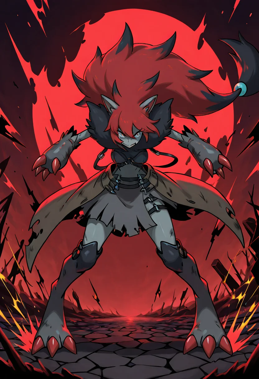 masterpiece, best quality, <lora:ZoroarkPokedex_IXL_v1:1.0>, (claw focus, foreshortening), zzZoroark, 1girl, solo, tousled hair, side bun, battle-damaged trench coat, steel-plated claw gloves, leather chest harness, torn combat skirt, gravel lot, shattered streetlamps â The streetlamp flickers, casting shadows over her steel claws dragging through the gravel. She walks slowly, each step deliberate, the trench coat swaying over her knees. Sparks fly as her claws scrape the pavement, warning anyone nearby: she's not here to play.