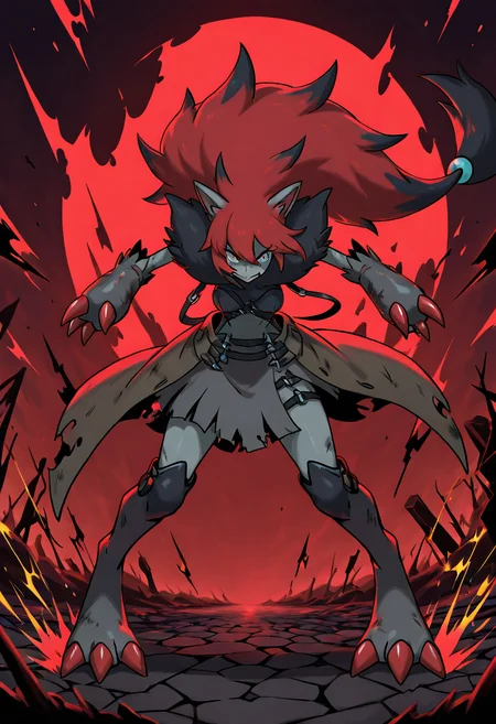 masterpiece, best quality, <lora:ZoroarkPokedex_IXL_v1:1.0>, (claw focus, foreshortening), zzZoroark, 1girl, solo, tousled hair, side bun, battle-damaged trench coat, steel-plated claw gloves, leather chest harness, torn combat skirt, gravel lot, shattered streetlamps â The streetlamp flickers, casting shadows over her steel claws dragging through the gravel. She walks slowly, each step deliberate, the trench coat swaying over her knees. Sparks fly as her claws scrape the pavement, warning anyone nearby: she's not here to play.