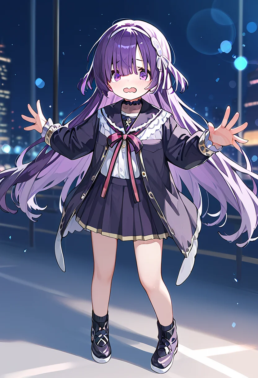 score_9, score_8_up, score_7_up, source_anime, rating:general, <lora:lowres_concept_ponyXL_v1:-0.3>
BREAK,
1girl, solo, <lora:sumeragi_utsutsu_PonyXL_v1:1> sumeragi utsutsu, purple hair, long hair, bangs, purple eyes,
wavy mouth, half opened mouth,
blush ,
head_tilt standing
iridescence blazer, school uniform, bowtie __socks__ __shoes__,
Aerial Shot, looking up, reaching out, Manhattan bokeh, depth of field,
