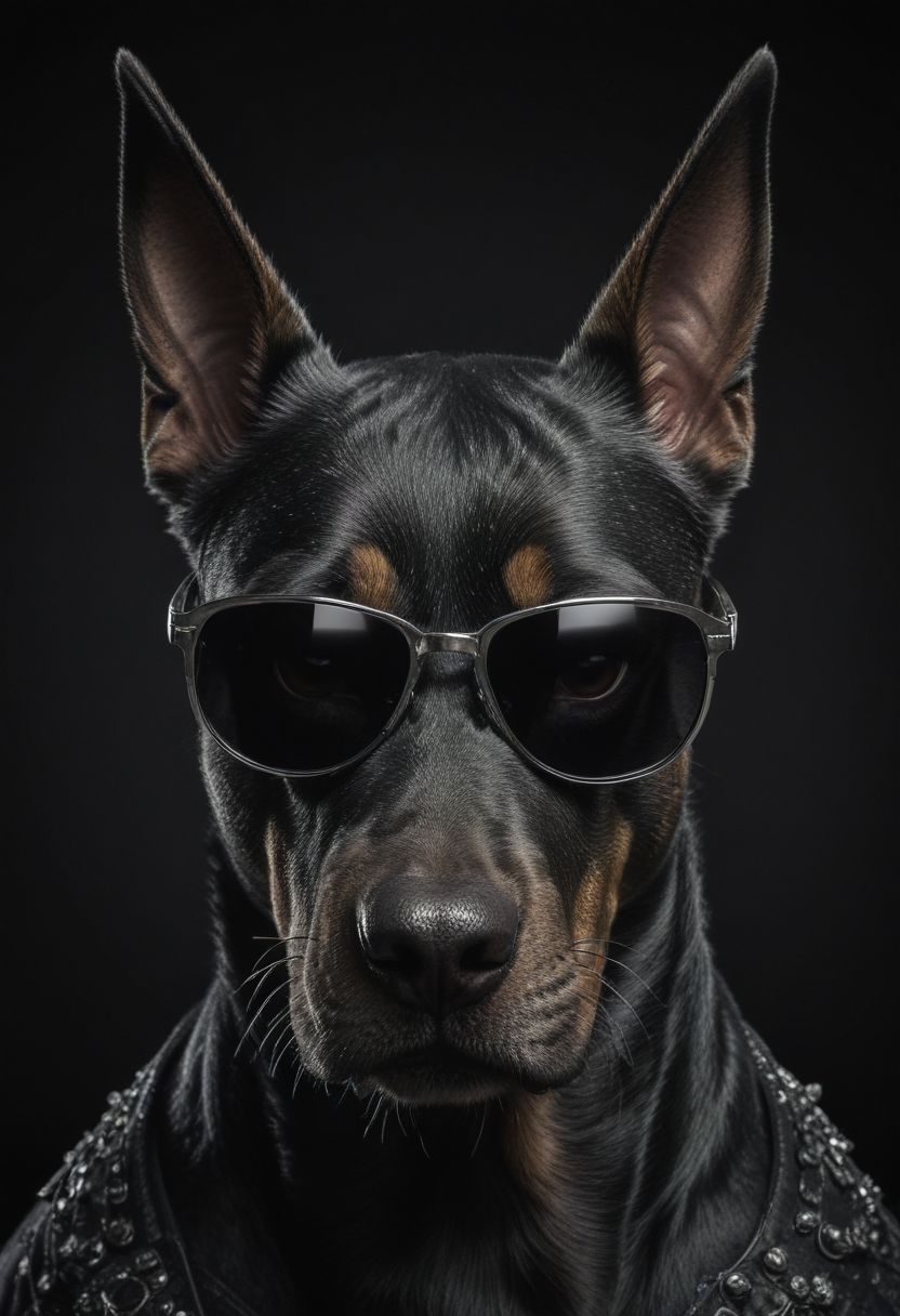 (best quality, 8K, high resolution, masterpiece), ultra detailed, (3D CGI), black sunglasses, trendy, fashionable, silver and black stylized angry muscle doberman on a black background, countryside advertising, winning photo,