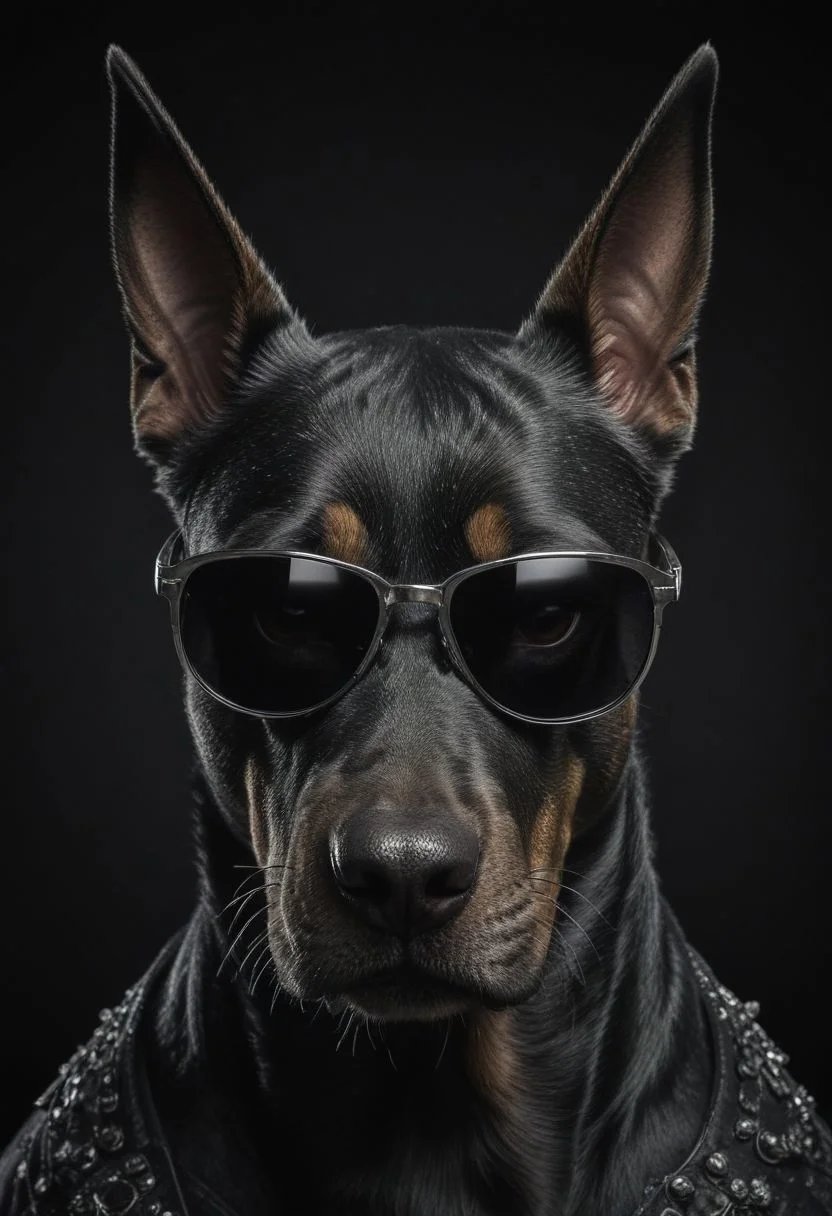 (best quality, 8K, high resolution, masterpiece), ultra detailed, (3D CGI), black sunglasses, trendy, fashionable, silver and black stylized angry muscle doberman on a black background, countryside advertising, winning photo,