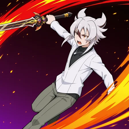 masterpiece,best quality,amazing quality BREAK kyoya gaen,weapon,battle,sword,male focus,holding weapon,holding,slashing,holding sword,wicked lord dragon sword aqulta gwaneff,open mouth,white v-neck shirt,attack,black turtleneck,grey pants,white shirt,cross necklace,<lora:Kyoya_Gaen_V2-3>,1boy,solo,