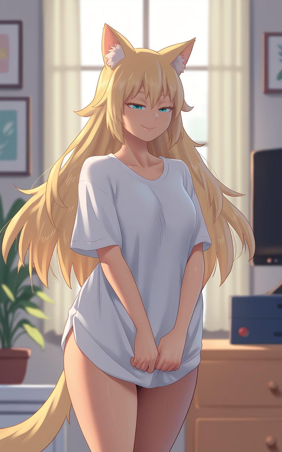 masterpiece, best quality, absurdres, highres, very awa, score_9_up, score_8,
<lora:Zheng v5 -  PonyDiffusion v6:1>
zheng, 1girl, solo, cat girl, cat ears, animal ear fluff, blonde hair, long hair, oversized shirt, short sleeves, white shirt, indoors, window, drawer, curtains,, half-closed eyes, aqua eyes, :3, plant, smile, speepy,