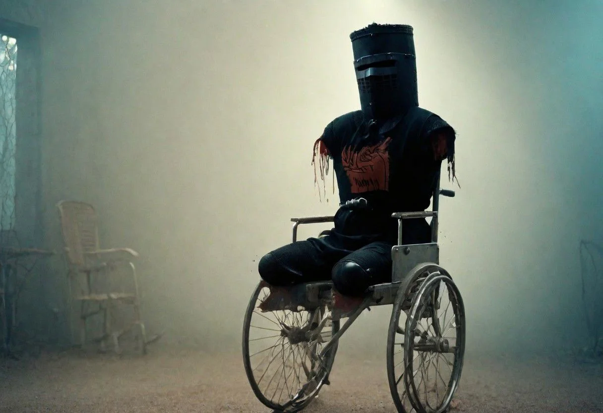 Black Knight with severed Arms and severed limbs, without Arms and legs, in vibrant colorful 70s Hippie themed Sanatorium, sitting in Vintage wheelchair with severed limbs,
very detailed, raw photo, photorealistic, high detailed texture, cinemascope, moody, epic, OverallDetail, gorgeous, 2000s vintage RAW photo, photorealistic, candid camera, color graded cinematic, eye catchlights, atmospheric lighting, skin pores, imperfections, natural, shallow dof