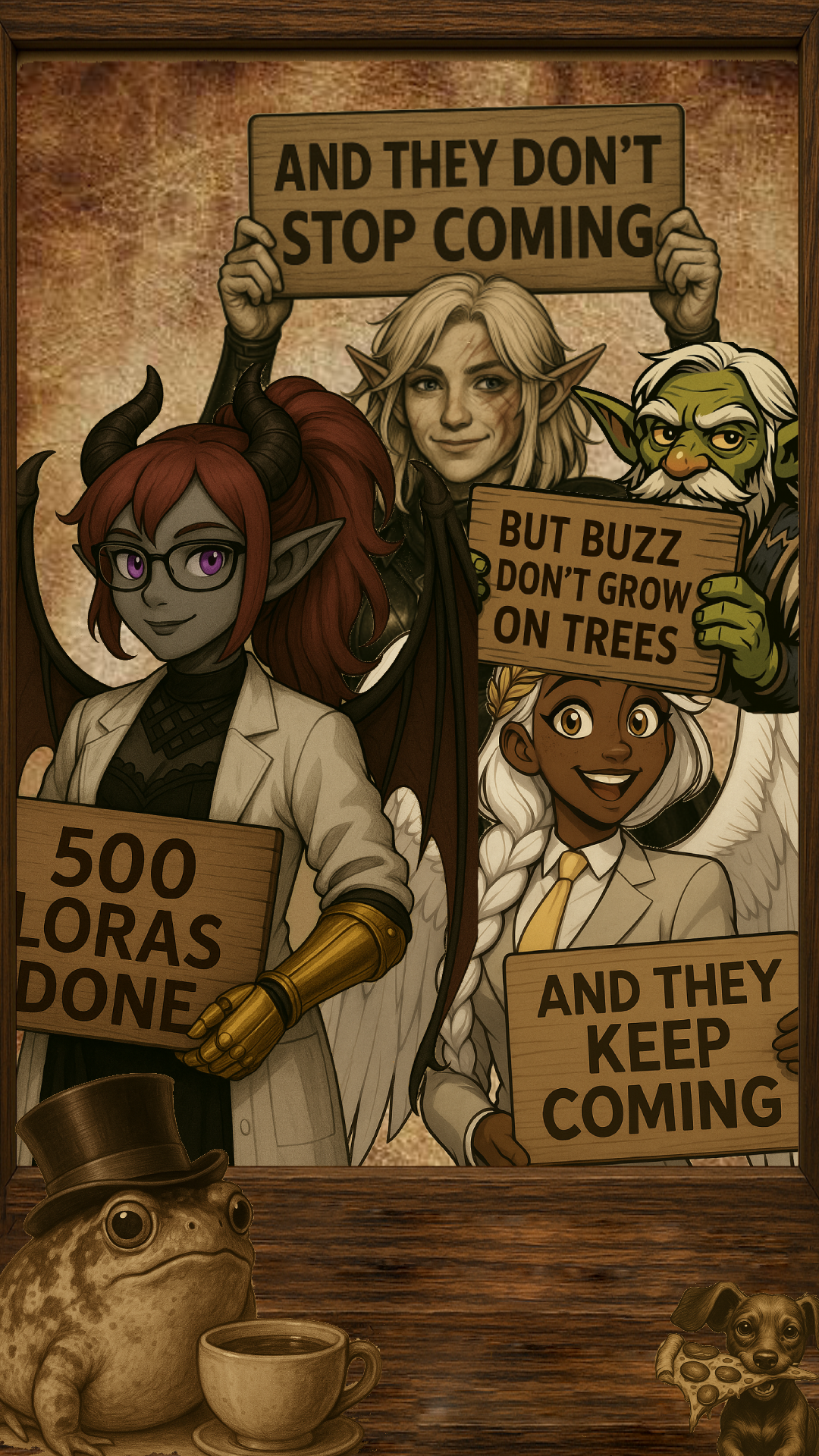 1."Generate this character holding a plank with text: "500 Loras done"
The character is The grey skinned succubus wearing a open labcoat and black dress under it, who has pink eyes and prosthetic golden metal
Make her turned intro left side of the picture and look intro viewer direction"
2."now keep the style of the previous generation but generate this character: The dark skinned Angel with silver hair, freckles, grey suit, yellow necktie, and laurerl crown  
Make her turned intro right side of the picture and look intro viewer direction and holding a plank with text: "And they keep coming"
Base the apperance of character on this images, but keep the style of previos generation to make them match"
3."Now keeping the style generate the 3th character, pale elf, muscular warrior female, wirth medium length messy hair, wearring a black leather armor, holding the plank above her head, the text on the plank is "and they don't stop coming"
4."Now keep the style of previous generation and make this green skinned gremin appear poping out of the right side of the image frame, and hold the plank with text "but Buzz don't grow on trees" "
