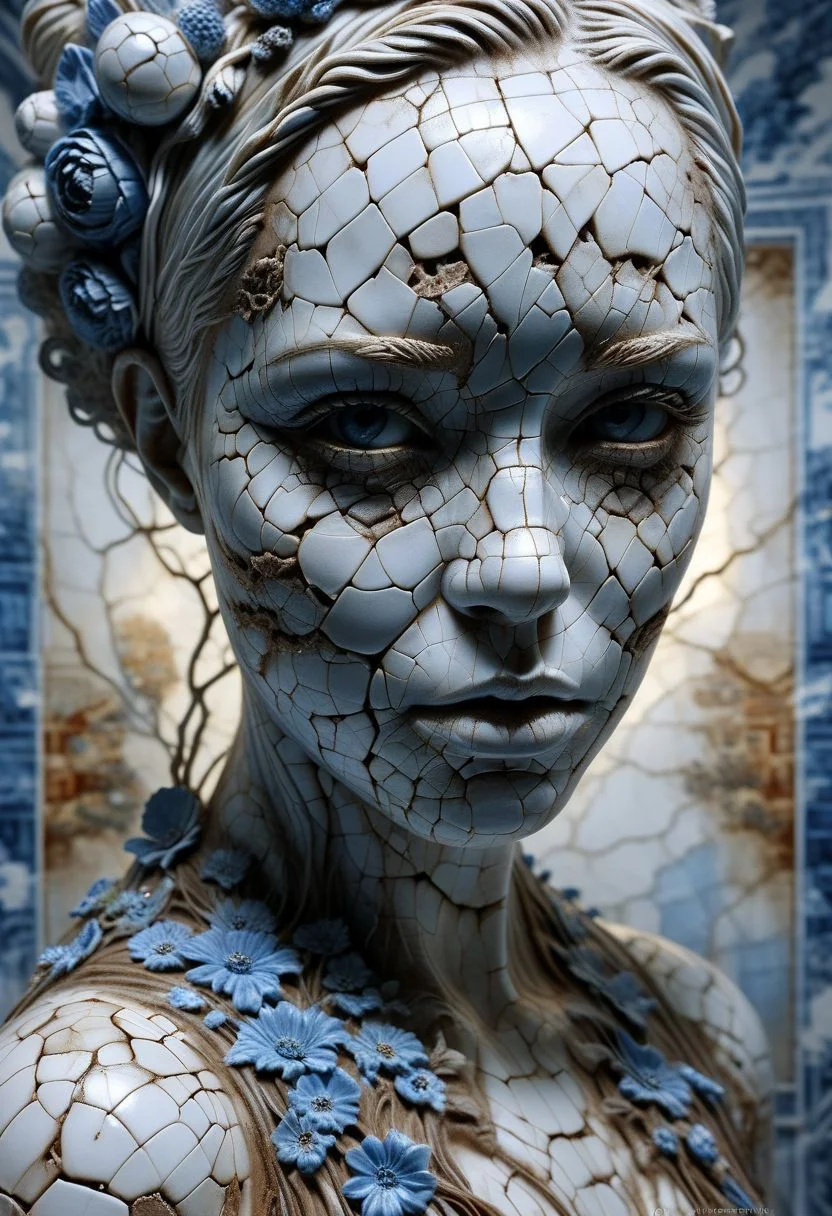 Close-up porcelain face, mysterious silhouette of a porcelain woman in worn down porcelain clothing, white and blue porcelain, alluring goddess, by Minjae Lee, Carne Griffiths, Emily Kell, Steve McCurry, Geoffroy Thoorens, Aaron Horkey, Jordan Grimmer, Greg Rutkowski, amazing depth, double exposure, surreal, geometric patterns, intricately detailed, bokeh, perfect balanced, deep fine borders, artistic photorealism , smooth, great masterwork by Suiras <lora:add-detail-xl:2> <lora:Double_Exposure:0.5>