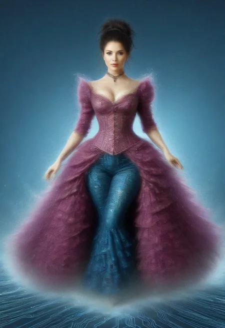 wm_cyber, wild west, sci/fi lab, female, black hair, big hair, pony tail, hour glass figure, colorful Victorian dress, high detail, perfect face, 28 years old, fully dressed,