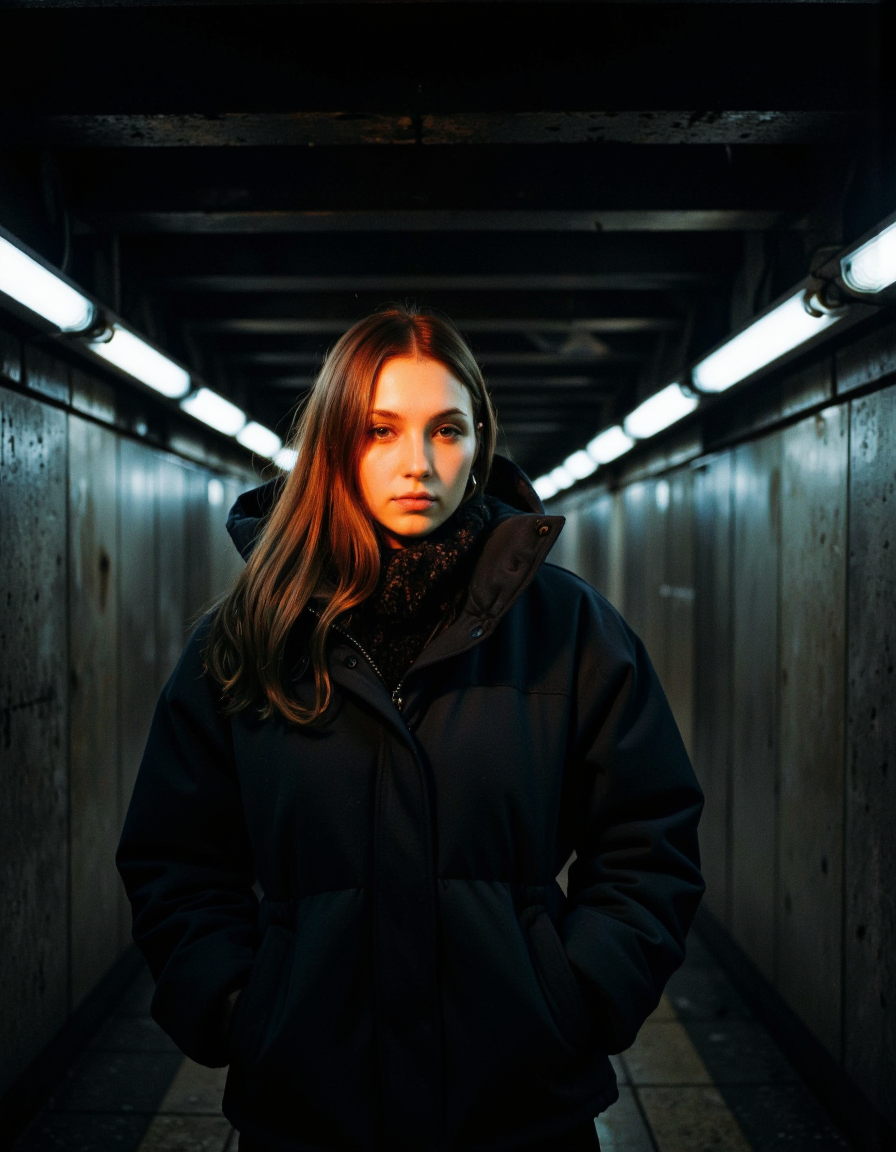 This is a high-resolution photograph featuring a young woman with a fair complexion and long, straight, light brown hair. She is positioned in a dimly lit urban setting, likely a subway tunnel or underground passageway. The lighting is predominantly dark with only a few illuminated horizontal fluorescent lights providing a stark contrast. The woman is wearing a dark-colored, puffy winter jacket that appears to be made of thick, warm material, suggesting it is cold outside. She has a neutral expression, and her gaze directed slightly downward, giving a contemplative or introspective mood. Her face is partially illuminated by a warm, orange light that casts a soft glow on her features, adding a dramatic and moody effect to the image. The background consists of large, smooth, dark grey concrete panels, creating a stark, industrial ambiance. The overall tone of the image is dark and atmospheric, with a focus on the interplay between light and shadow. The photograph captures a moment of quiet contemplation in an otherwise bustling urban environment. <lora:Synesthesia:0.45>
